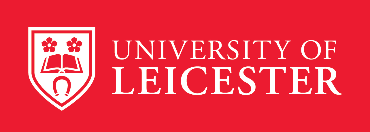 A version of the University of Leicester logo, featuring white text and crest on a red background