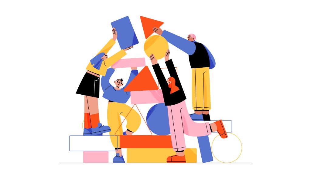 People working together set up abstract shapes vector illustration.