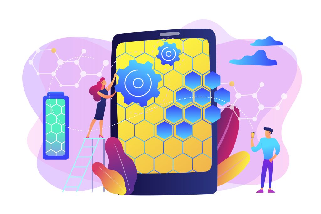 Tiny people scientists with graphene atomic structure for smartphone. Graphene technologies, artificial graphene, modern science revolution concept. Bright vibrant violet vector isolated illustration