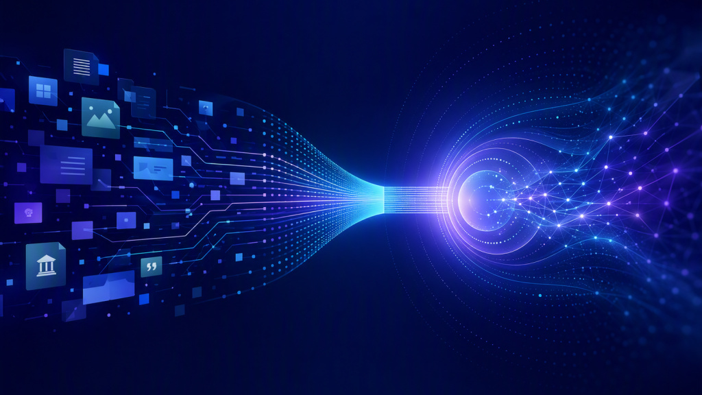 Abstract visualisation of generative engine optimisation (GEO) showing structured digital content flowing through a central transformation point into a connected network of knowledge, illustrating how information is interpreted and synthesised by AI systems.